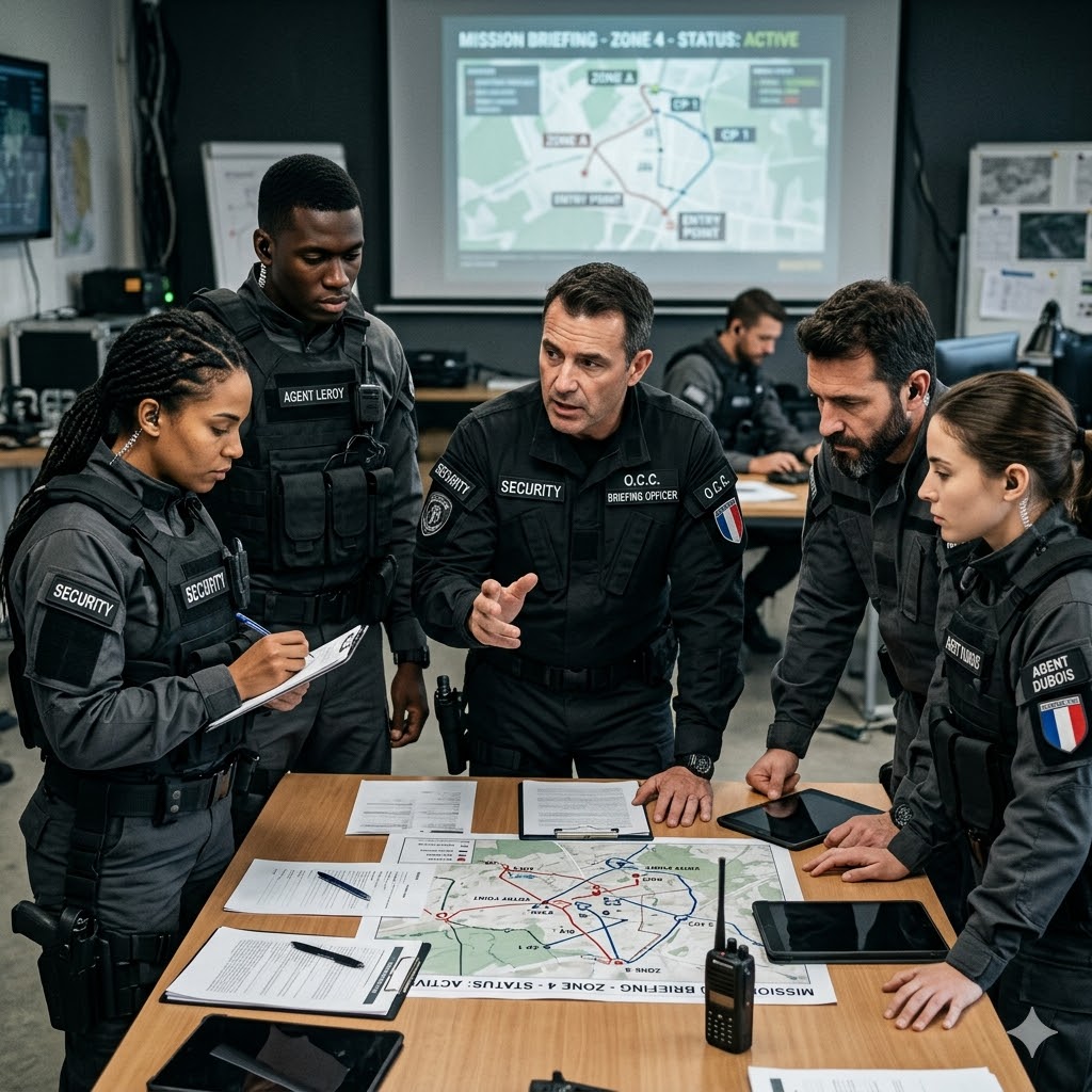 Équipe de sécurité Orange Protection en briefing opérationnel